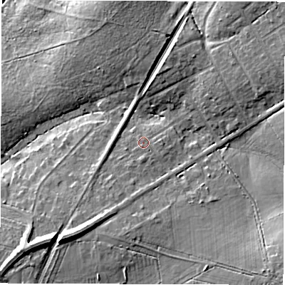 Shaded relief map of the ground around SO407BA, computed from Environment Agency LiDAR. The ground here sits at about 18 m above sea level and falls 16 m across the surrounding 800 m. Surface water reaching this point runs off ground lying to the south-east, 10.4 m higher.