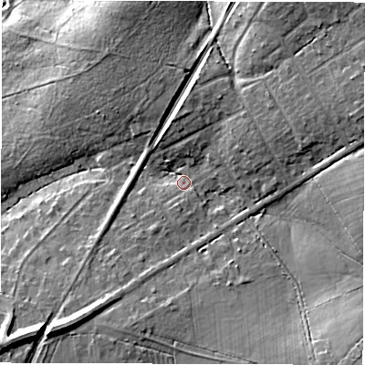 Shaded relief map of the ground around SO407BB, computed from Environment Agency LiDAR. The ground here sits at about 16 m above sea level and falls 17 m across the surrounding 800 m. Surface water reaching this point runs off ground lying to the south-east, 10.8 m higher.