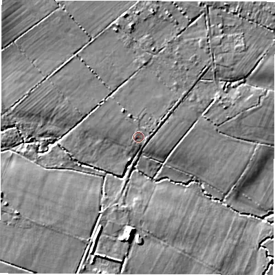 Shaded relief map of the ground around SO407DZ, computed from Environment Agency LiDAR. The ground here sits at about 10 m above sea level and falls 8 m across the surrounding 800 m. Surface water reaching this point runs off ground lying to the north-north-west, 1.5 m higher.