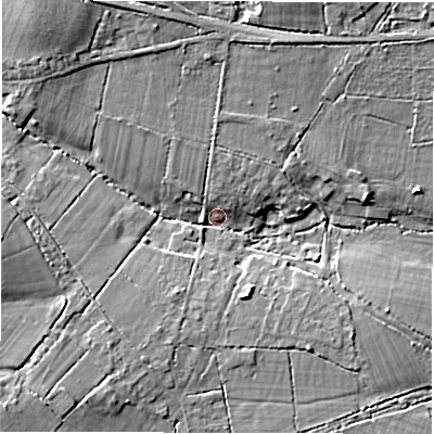 Shaded relief map of the ground around SO407GR, computed from Environment Agency LiDAR. The ground here sits at about 19 m above sea level and falls 12 m across the surrounding 800 m. Surface water reaching this point runs off ground lying to the south-west, 10.3 m higher.