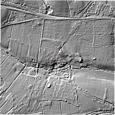 Shaded relief map of the ground around SO407GS, computed from Environment Agency LiDAR. The ground here sits at about 20 m above sea level and falls 11 m across the surrounding 800 m. Surface water reaching this point runs off ground lying to the north-west, 1.0 m higher.