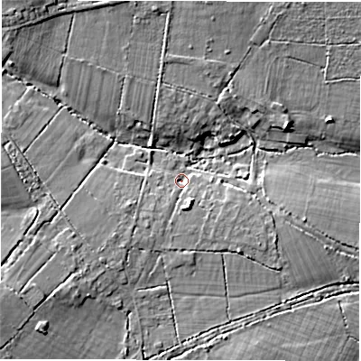 Shaded relief map of the ground around SO407GT, computed from Environment Agency LiDAR. The ground here sits at about 18 m above sea level and falls 11 m across the surrounding 800 m. Surface water reaching this point runs off ground lying to the south-west, 3.2 m higher.
