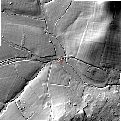 Shaded relief map of the ground around SO407HX, computed from Environment Agency LiDAR. The ground here sits at about 14 m above sea level and falls 25 m across the surrounding 800 m. Surface water reaching this point runs off ground lying to the south, 17.3 m higher.