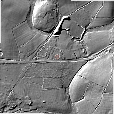 Shaded relief map of the ground around SO407LA, computed from Environment Agency LiDAR. The ground here sits at about 20 m above sea level and falls 13 m across the surrounding 800 m. Surface water reaching this point runs off ground lying to the west-north-west, 7.7 m higher.