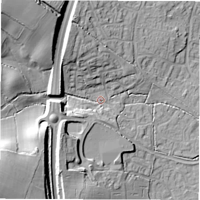 Shaded relief map of the ground around SO408AE, computed from Environment Agency LiDAR. The ground here sits at about 18 m above sea level and falls 32 m across the surrounding 800 m. Surface water reaching this point runs off ground lying to the north-west, 25.6 m higher.
