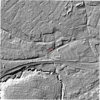 Shaded relief map of the ground around SO408DQ, computed from Environment Agency LiDAR. The ground here sits at about 5 m above sea level and falls 8 m across the surrounding 800 m. Surface water reaching this point runs off ground lying to the north-west, 5.5 m higher.