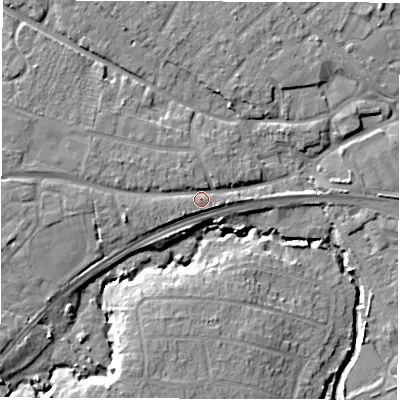 Shaded relief map of the ground around SO408DX, computed from Environment Agency LiDAR. The ground here sits at about 7 m above sea level and falls 9 m across the surrounding 800 m. Surface water reaching this point runs off ground lying to the west-north-west, 2.4 m higher.