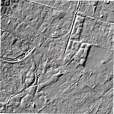 Shaded relief map of the ground around SO408GQ, computed from Environment Agency LiDAR. The ground here sits at about 10 m above sea level and falls 7 m across the surrounding 800 m. Surface water reaching this point runs off ground lying to the west, 3.2 m higher.