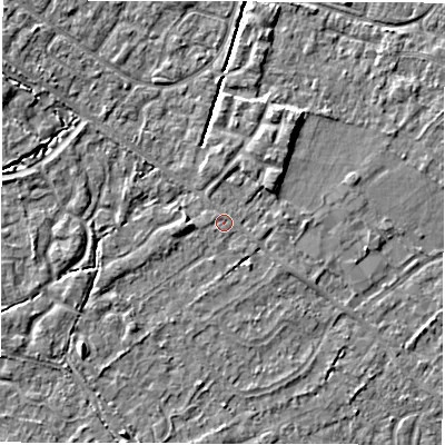 Shaded relief map of the ground around SO408GR, computed from Environment Agency LiDAR. The ground here sits at about 10 m above sea level and falls 5 m across the surrounding 800 m. Surface water reaching this point runs off ground lying to the west, 1.2 m higher.