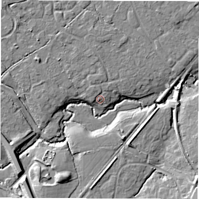 Shaded relief map of the ground around SO408SX, computed from Environment Agency LiDAR. The ground here sits at about 8 m above sea level and falls 12 m across the surrounding 800 m. Surface water reaching this point runs off ground lying to the south-south-west, 10.2 m higher.