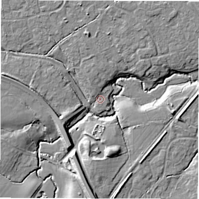 Shaded relief map of the ground around SO408WZ, computed from Environment Agency LiDAR. The ground here sits at about 7 m above sea level and falls 14 m across the surrounding 800 m. Surface water reaching this point runs off ground lying to the north-north-west, 2.3 m higher.