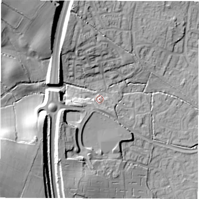 Shaded relief map of the ground around SO408XX, computed from Environment Agency LiDAR. The ground here sits at about 19 m above sea level and falls 31 m across the surrounding 800 m. Surface water reaching this point runs off ground lying to the west-south-west, 14.4 m higher.
