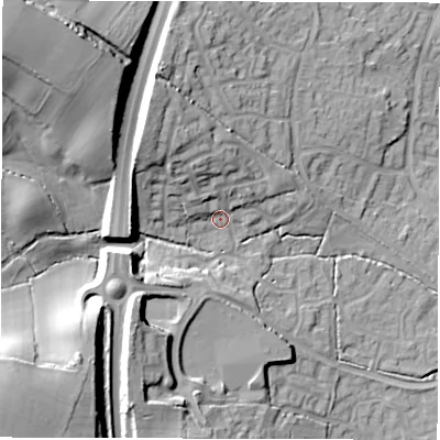 Shaded relief map of the ground around SO408XY, computed from Environment Agency LiDAR. The ground here sits at about 19 m above sea level and falls 32 m across the surrounding 800 m. Surface water reaching this point runs off ground lying to the north-north-west, 10.4 m higher.