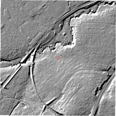 Shaded relief map of the ground around SO409AS, computed from Environment Agency LiDAR. The ground here sits at about 7 m above sea level and falls 17 m across the surrounding 800 m. Surface water reaching this point runs off ground lying to the south-east, 8.6 m higher.