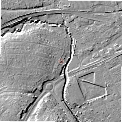 Shaded relief map of the ground around SO409BJ, computed from Environment Agency LiDAR. The ground here sits at about 4 m above sea level and falls 15 m across the surrounding 800 m. Surface water reaching this point runs off ground lying to the west, 5.1 m higher.