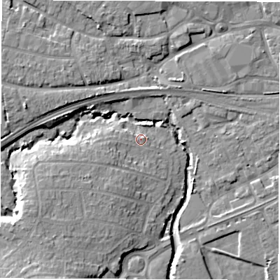 Shaded relief map of the ground around SO409BN, computed from Environment Agency LiDAR. The ground here sits at about 5 m above sea level and falls 10 m across the surrounding 800 m. Surface water reaching this point runs off ground lying to the west-south-west, 4.1 m higher.