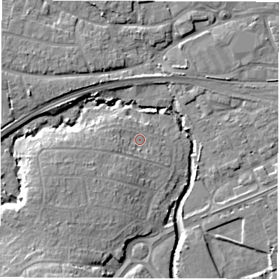 Shaded relief map of the ground around SO409BP, computed from Environment Agency LiDAR. The ground here sits at about 5 m above sea level and falls 12 m across the surrounding 800 m. Surface water reaching this point runs off ground lying to the west, 2.9 m higher.