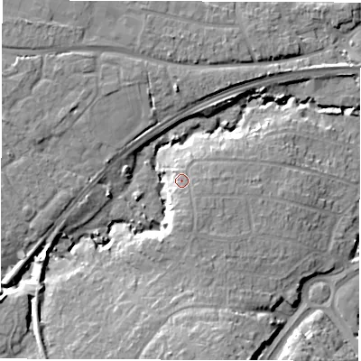 Shaded relief map of the ground around SO409BT, computed from Environment Agency LiDAR. The ground here sits at about 8 m above sea level and falls 13 m across the surrounding 800 m. Surface water reaching this point runs off ground lying to the south, 2.2 m higher.