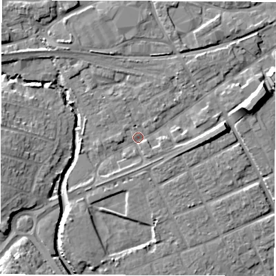 Shaded relief map of the ground around SO409DS, computed from Environment Agency LiDAR. The ground here sits at about 4 m above sea level and falls 10 m across the surrounding 800 m. Surface water reaching this point runs off ground lying to the east, 3.9 m higher.