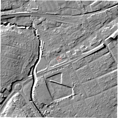 Shaded relief map of the ground around SO409DT, computed from Environment Agency LiDAR. The ground here sits at about 3 m above sea level and falls 12 m across the surrounding 800 m. Surface water reaching this point runs off ground lying to the east-north-east, 4.3 m higher.