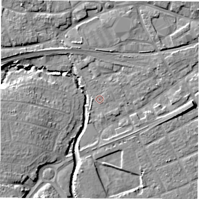 Shaded relief map of the ground around SO409DW, computed from Environment Agency LiDAR. The ground here sits at about 4 m above sea level and falls 12 m across the surrounding 800 m. Surface water reaching this point runs off ground lying to the north-east, 1.3 m higher.