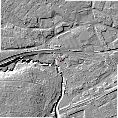 Shaded relief map of the ground around SO409DX, computed from Environment Agency LiDAR. The ground here sits at about 5 m above sea level and falls 9 m across the surrounding 800 m. Surface water reaching this point runs off ground lying to the north-west, 1.5 m higher.