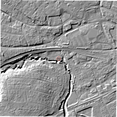 Shaded relief map of the ground around SO409DY, computed from Environment Agency LiDAR. The ground here sits at about 4 m above sea level and falls 9 m across the surrounding 800 m. Surface water reaching this point runs off ground lying to the south-west, 8.4 m higher.