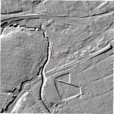 Shaded relief map of the ground around SO409EA, computed from Environment Agency LiDAR. The ground here sits at about 3 m above sea level and falls 14 m across the surrounding 800 m. Surface water reaching this point runs off ground lying to the east, 4.8 m higher.