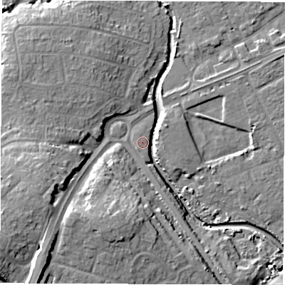 Shaded relief map of the ground around SO409EB, computed from Environment Agency LiDAR. The ground here sits at about 4 m above sea level and falls 16 m across the surrounding 800 m. Surface water reaching this point runs off ground lying to the south-south-east, 4.9 m higher.