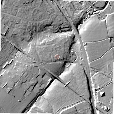 Shaded relief map of the ground around SO409FU, computed from Environment Agency LiDAR. The ground here sits at about 9 m above sea level and falls 15 m across the surrounding 800 m. Surface water reaching this point runs off ground lying to the west, 1.8 m higher.