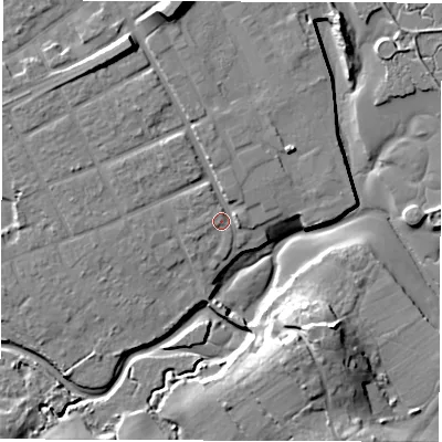 Shaded relief map of the ground around SO409GG, computed from Environment Agency LiDAR. The ground here sits at about 4 m above sea level and falls 17 m across the surrounding 800 m. Surface water reaching this point runs off ground lying to the north-west, 2.8 m higher.