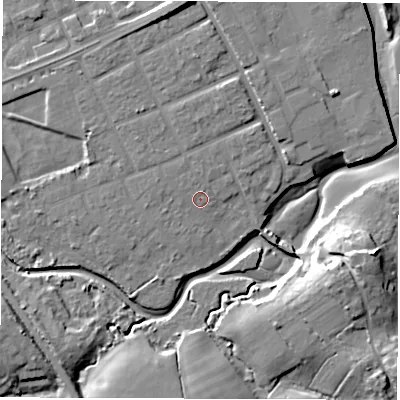 Shaded relief map of the ground around SO409GJ, computed from Environment Agency LiDAR. The ground here sits at about 4 m above sea level and falls 17 m across the surrounding 800 m. Surface water reaching this point runs off ground lying to the north-north-west, 0.7 m higher.