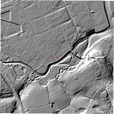 Shaded relief map of the ground around SO409GN, computed from Environment Agency LiDAR. The ground here sits at about 3 m above sea level and falls 17 m across the surrounding 800 m. Surface water reaching this point runs off ground lying to the north-north-west, 2.1 m higher.