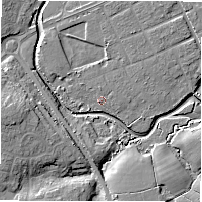 Shaded relief map of the ground around SO409GS, computed from Environment Agency LiDAR. The ground here sits at about 3 m above sea level and falls 15 m across the surrounding 800 m. Surface water reaching this point runs off ground lying to the east-north-east, 1.7 m higher.