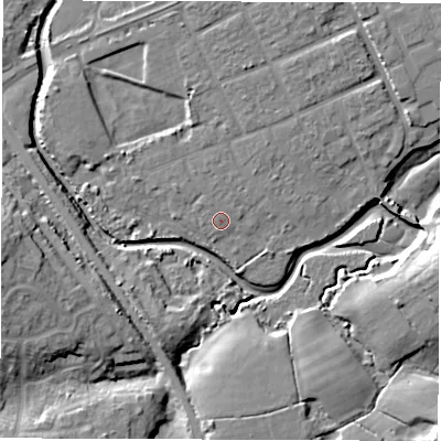 Shaded relief map of the ground around SO409GT, computed from Environment Agency LiDAR. The ground here sits at about 4 m above sea level and falls 15 m across the surrounding 800 m. Surface water reaching this point runs off ground lying to the north, 0.9 m higher.