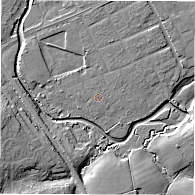 Shaded relief map of the ground around SO409GU, computed from Environment Agency LiDAR. The ground here sits at about 4 m above sea level and falls 15 m across the surrounding 800 m. Surface water reaching this point runs off ground lying to the north, 1.0 m higher.