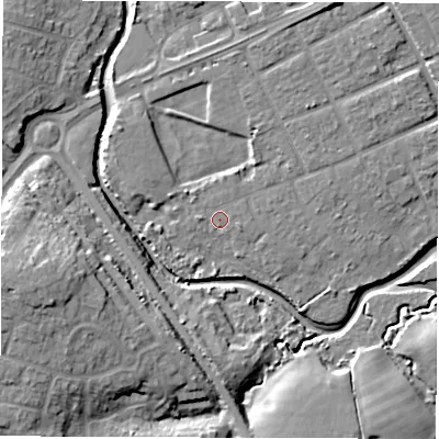 Shaded relief map of the ground around SO409GW, computed from Environment Agency LiDAR. The ground here sits at about 4 m above sea level and falls 14 m across the surrounding 800 m. Surface water reaching this point runs off ground lying to the east-north-east, 0.9 m higher.