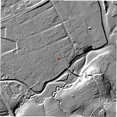 Shaded relief map of the ground around SO409HB, computed from Environment Agency LiDAR. The ground here sits at about 4 m above sea level and falls 17 m across the surrounding 800 m. Surface water reaching this point runs off ground lying to the west-north-west, 1.7 m higher.
