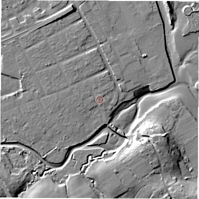 Shaded relief map of the ground around SO409HD, computed from Environment Agency LiDAR. The ground here sits at about 4 m above sea level and falls 17 m across the surrounding 800 m. Surface water reaching this point runs off ground lying to the north, 1.4 m higher.