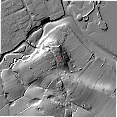 Shaded relief map of the ground around SO409HF, computed from Environment Agency LiDAR. The ground here sits at about 12 m above sea level and falls 17 m across the surrounding 800 m. Surface water reaching this point runs off ground lying to the north-west, 2.5 m higher.