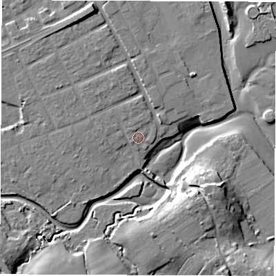 Shaded relief map of the ground around SO409PJ, computed from Environment Agency LiDAR. The ground here sits at about 4 m above sea level and falls 17 m across the surrounding 800 m. Surface water reaching this point runs off ground lying to the north-north-west, 1.3 m higher.