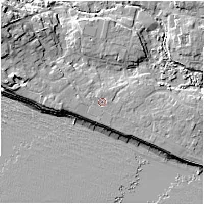 Shaded relief map of the ground around SO410AL, computed from Environment Agency LiDAR. The ground here sits at about 5 m above sea level and falls 15 m across the surrounding 800 m. The ground contributing surface water to this point lies to the west-north-west.