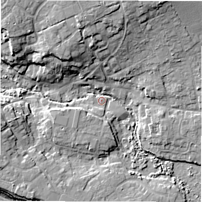 Shaded relief map of the ground around SO410DA, computed from Environment Agency LiDAR. The ground here sits at about 3 m above sea level and falls 17 m across the surrounding 800 m. Surface water reaching this point runs off ground lying to the north, 6.7 m higher.