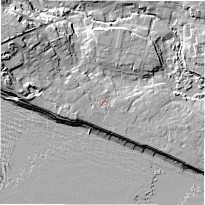 Shaded relief map of the ground around SO410EA, computed from Environment Agency LiDAR. The ground here sits at about 6 m above sea level and falls 16 m across the surrounding 800 m. Surface water reaching this point runs off ground lying to the west-south-west, 1.9 m higher.