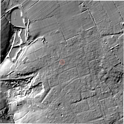 Shaded relief map of the ground around SO410GB, computed from Environment Agency LiDAR. The ground here sits at about 37 m above sea level and falls 20 m across the surrounding 800 m. The ground contributing surface water to this point lies to the west-north-west.