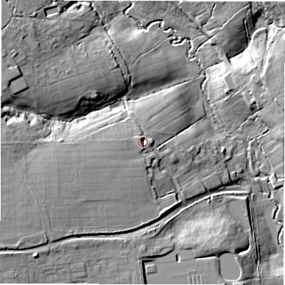Shaded relief map of the ground around SO410JD, computed from Environment Agency LiDAR. The ground here sits at about 13 m above sea level and falls 21 m across the surrounding 800 m. Surface water reaching this point runs off ground lying to the west-south-west, 4.8 m higher.
