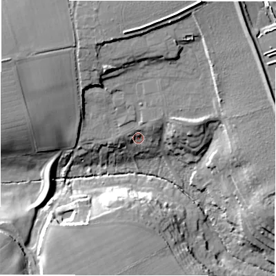 Shaded relief map of the ground around SO410LH, computed from Environment Agency LiDAR. The ground here sits at about 14 m above sea level and falls 22 m across the surrounding 800 m. Surface water reaching this point runs off ground lying to the north-north-west, 14.4 m higher.