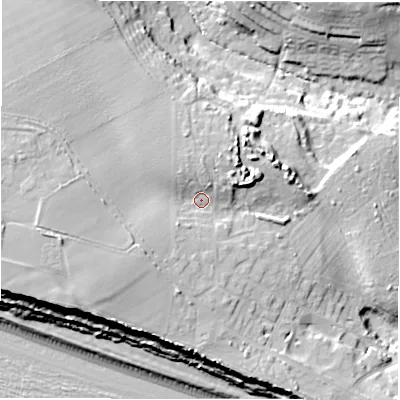 Shaded relief map of the ground around SO410NZ, computed from Environment Agency LiDAR. The ground here sits at about 17 m above sea level and falls 24 m across the surrounding 800 m. Surface water reaching this point runs off ground lying to the west-south-west, 6.0 m higher.