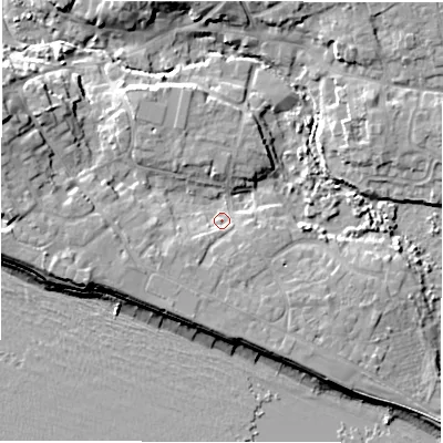 Shaded relief map of the ground around SO410PG, computed from Environment Agency LiDAR. The ground here sits at about 4 m above sea level and falls 12 m across the surrounding 800 m. Surface water reaching this point runs off ground lying to the south-west, 2.9 m higher.