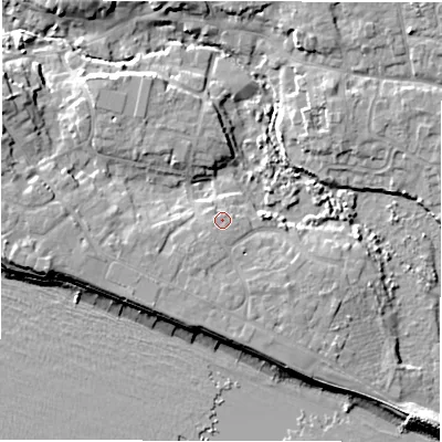 Shaded relief map of the ground around SO410PH, computed from Environment Agency LiDAR. The ground here sits at about 5 m above sea level and falls 10 m across the surrounding 800 m. Surface water reaching this point runs off ground lying to the south-south-west, 1.2 m higher.